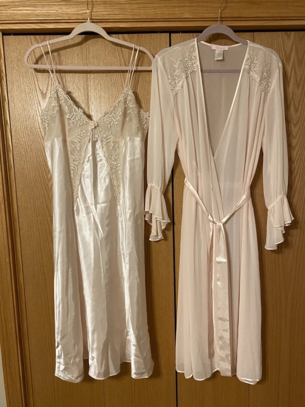 Dentelle “Belle” Peignoir Pale Pink Satin Lace Pearls Bridal Nightgown Lingerie